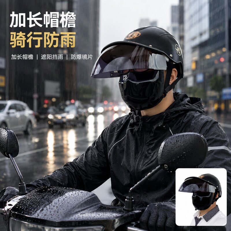 Helmet for Rainy Days, Special Rain-Proof Cycling Half-Helmet for Men and Women, Eye Protection, Windproof, Long Brim, Lightweight Protective Cap, Peaked Cap Helmet for Rainy Days, Special Rain-Proof Cycling Half-Helmet for Men and Women, Eye Protection, Windproof, Long Brim, Lightweight Protective Cap, Peaked Cap