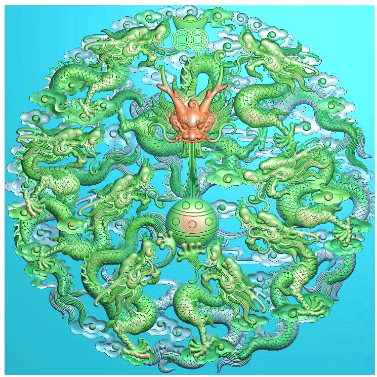 Round Nine Dragons Kowloon Disc Wood Carving Drawing Fine Carving Jade Carving Gray Drawing JDP Computer Carving BMP