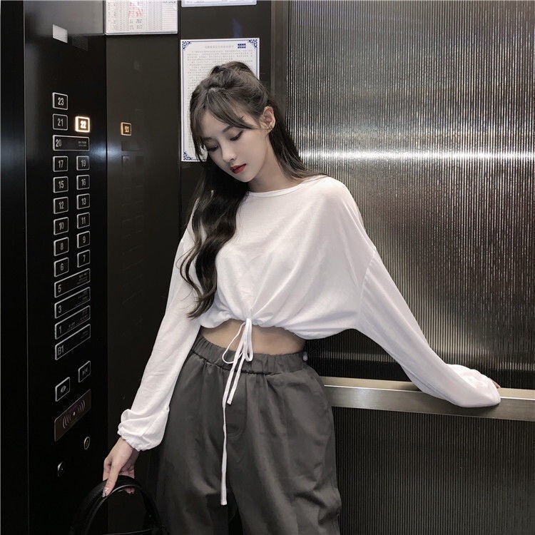 European and American Hot Girl Style Jazz Dance Outfit, Jazz Long-Sleeve T-Shirt, Loose Drawstring Cropped Top, Dance Top for Women, Autumn European and American Hot Girl Style Jazz Dance Outfit, Jazz Long-Sleeve T-Shirt, Loose Drawstring Cropped Top, Dance Top for Women, Autumn