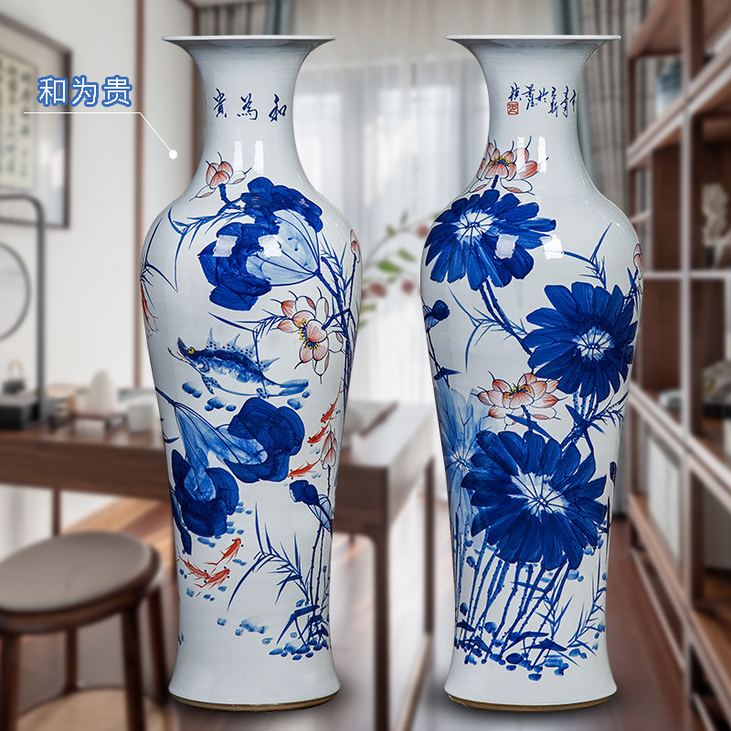 Jingdezhen ceramic floor large vase hand painted green flower vintage New Chinese living room TV cabinet Decorative Vase Hem