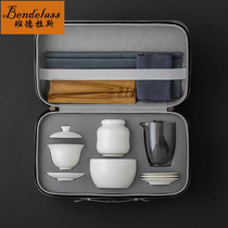 Travel Kung Fu tea set Complete set of white porcelain cover bowl style Chinese simple office small tea set one pot three cups carrying bag
