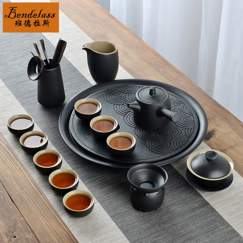 The whole set of Japanese kung fu tea set home living room office retro style black ceramic teapot cup with tea tray