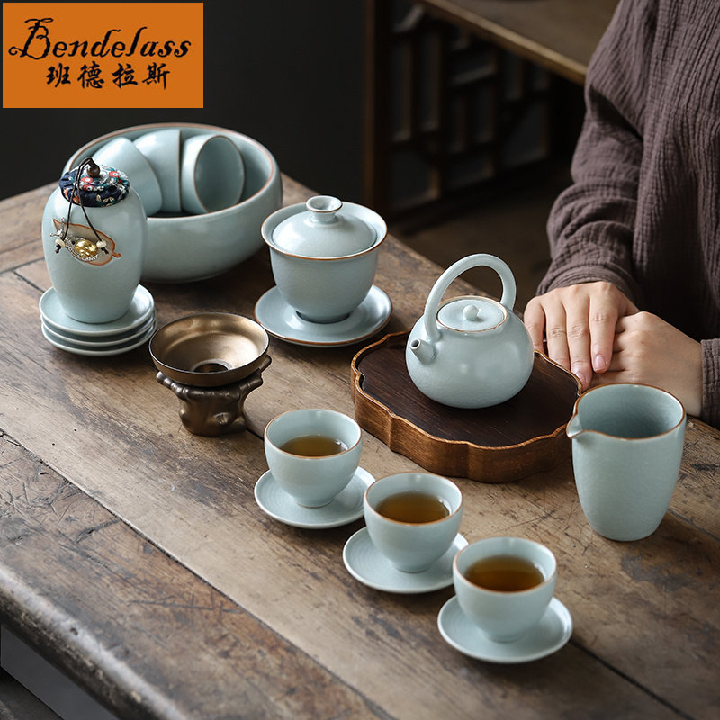 Whole set of open sheet Nourishing Ru Kiln Tea Set Group Home ceramic Gongfu Tea Cup Office Will guest upscale gift box dress