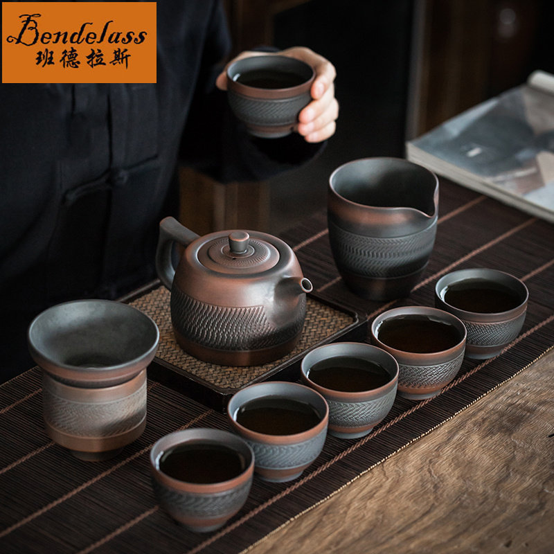 Purple crude pottery Chinese tea set retro style office meeting guests teapot teacup set home kung fu complete set of customization