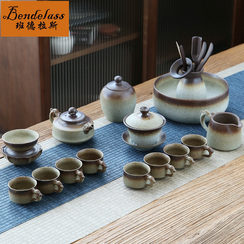 Chinese-style crude ceramic kung fu tea set set household living room full ceramic retro office cupboard cupboard box