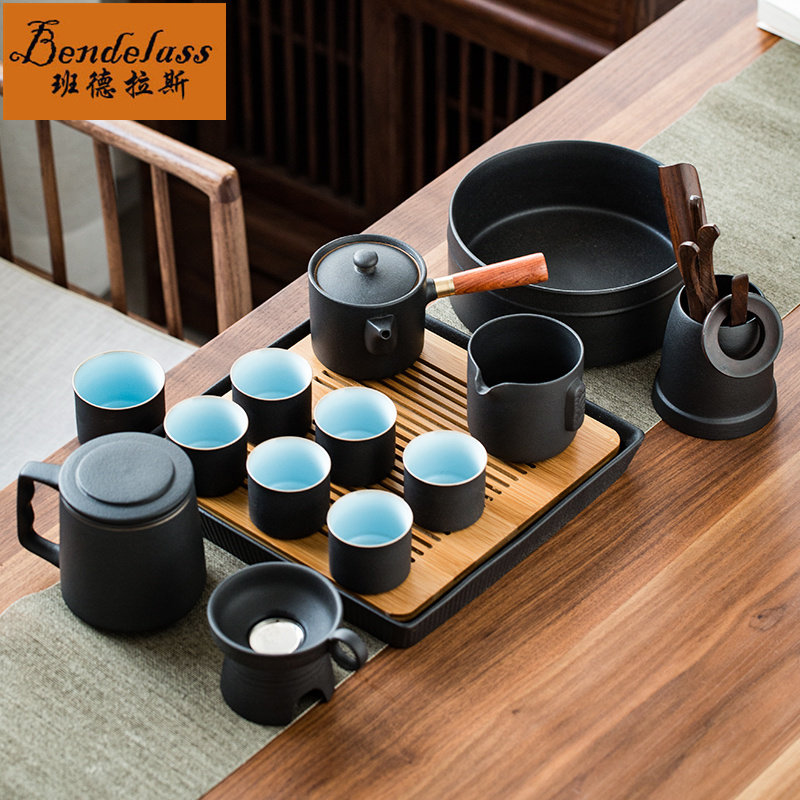 Day Style Black Pottery Tea Set Group Home Living Room Office Coarse Pottery will guest side take the pot Kung fu tea with the whole set of tea tray