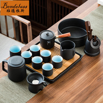 Japanese-style black pottery tea set set Household living room office coarse pottery meeting guest side handle pot Kung Fu tea set Tea tray
