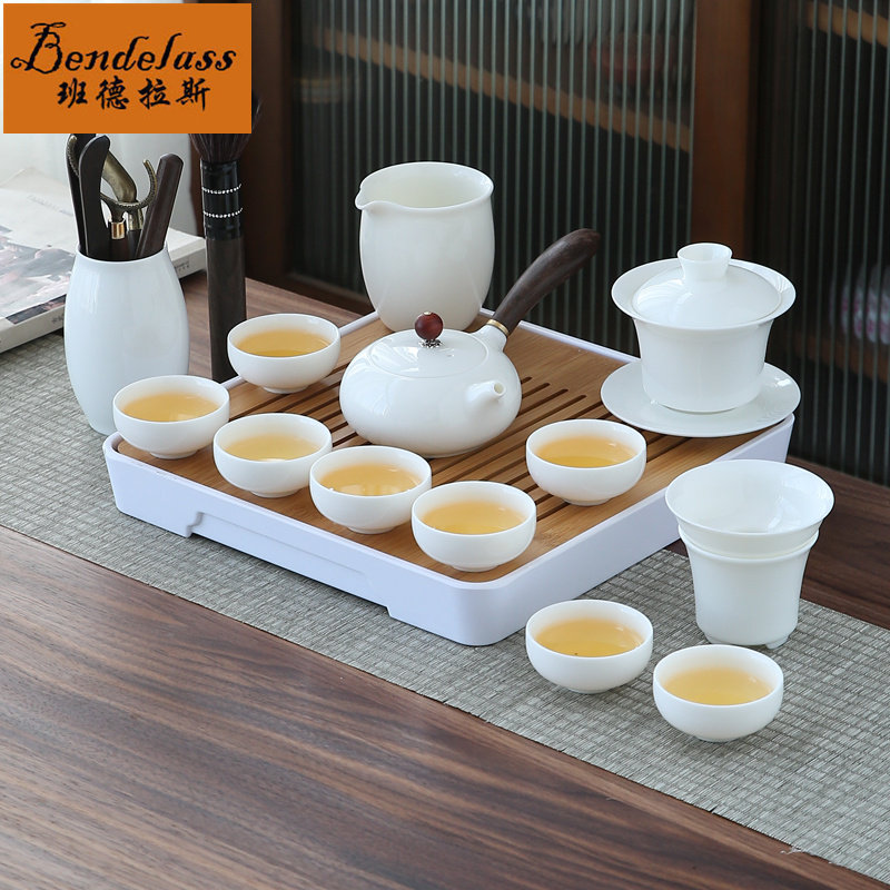 Chinese-style white porcelain side handle a complete set of kung fu tea set home a complete set of suet jade ceramic teapot teacup cover bowl high-end