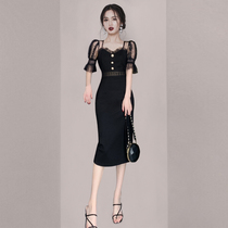Legal name Yuan Temperament Woman Taste body Hip Skirt 2022 Summer new female square collar lace splicing one-piece dress