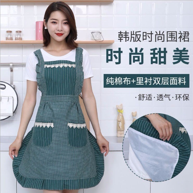 Pure cotton Home Apron Double kitchen Cooking cooking Korean version Fashion cute Princess Waistline Breast Milk Tea Shop Lady