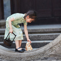 Full placket silk hemmed childrens cheongsam for women spring and summer republic of China style republic of China dress for girls summer girl treasure Chinese style