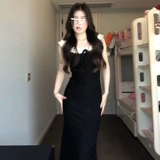 Черное летнее платье, приталенная длинная юбка, французский стиль, изысканный стиль