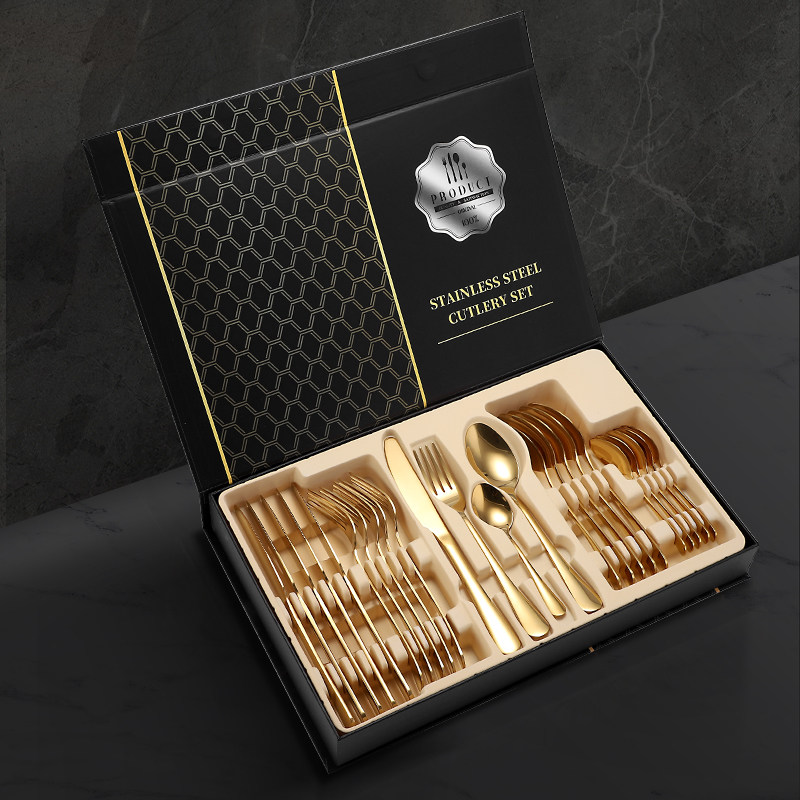 Steak knife and fork set Stainless steel Western tableware Nordic three-piece set storage box full set spoon ins wind Gold