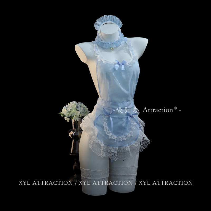 Attractive "Ice Blue Soft Girl" Sexy Maid Uniform Nightdress Cute Maid Costume Lingerie Qqny Underwear