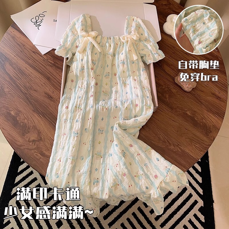 Pajamas for Women, Pure Cotton, Summer Casual, Loose, Cute and Sweet Bear with Breast Pads, Short-Sleeved Nightgown, Home Clothes, Can Be Worn Outside