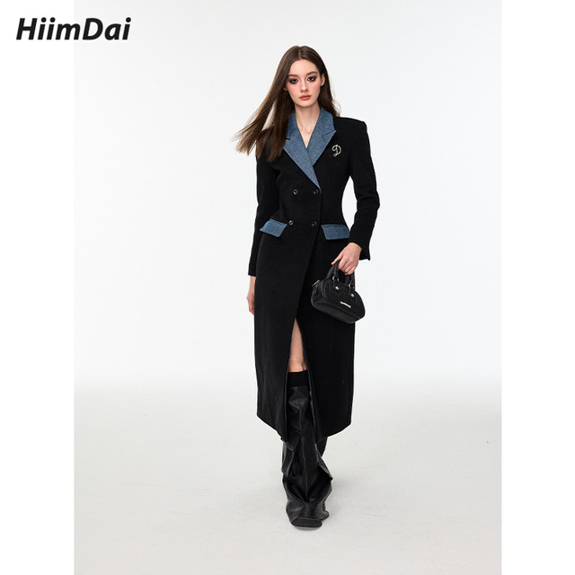 HiimDai rebel muse hourglass silhouette ແອວອອກແບບ denim splicing woolen coat ເປືອກຫຸ້ມນອກຍາວ