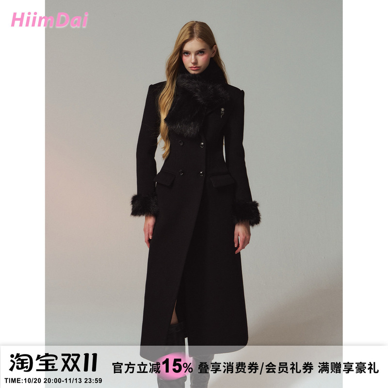 Hiimdai Overseas Socialite Pro Max 100% Sheep Wool Black Hourglass Waist Double-Sided Wool Long Coat