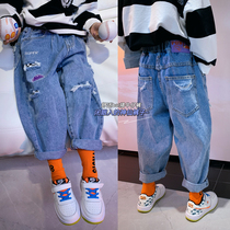 Gently Ai homemade boy pants 2021 spring and autumn childrens broken jeans Korean version of the large children casual trousers