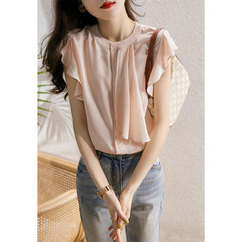 Stand-up collar chiffon shirt women's flying sleeves 2022 new summer French loose age-reducing shirt design sense top trendy