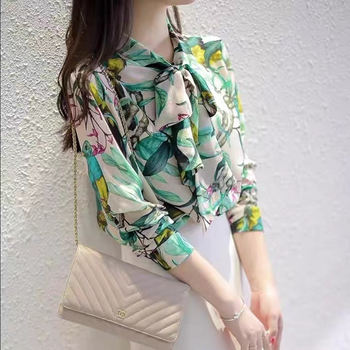 Colorful flower and bird pattern streamer silk shirt ladies long-sleeved 2022 new spring and autumn French loose all-match top