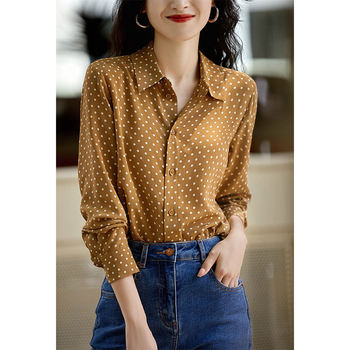 Point-neck silk shirt women's long-sleeved 2022 new spring and autumn French Hong Kong-style polka dot print design sense bottoming top