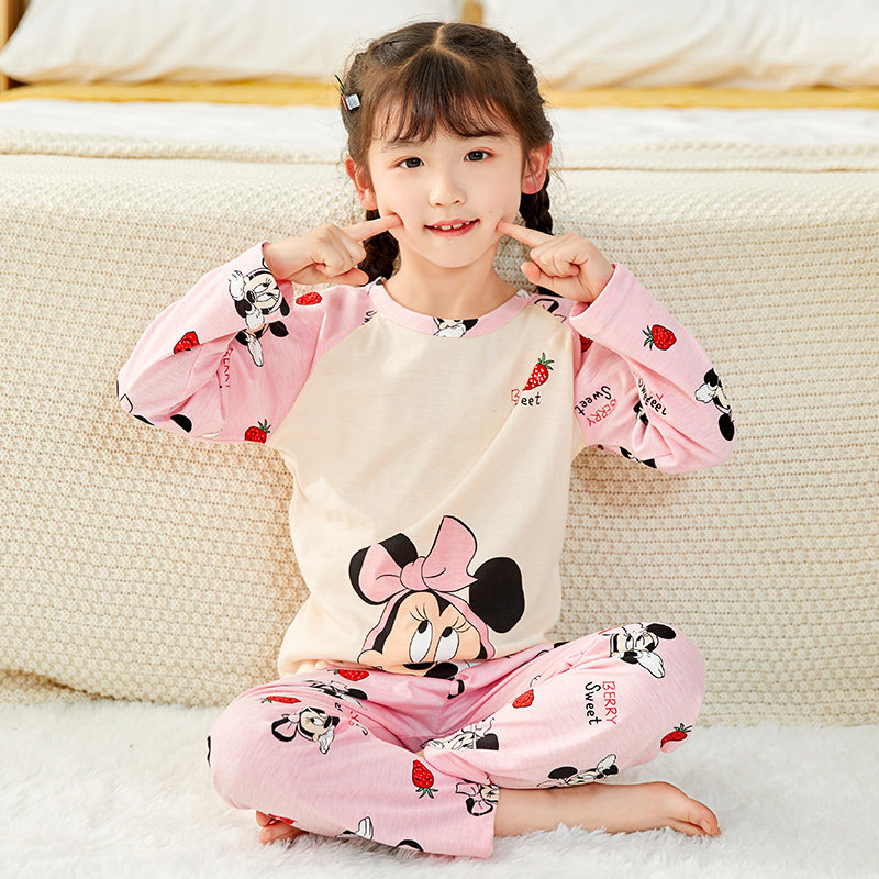 Princess style children's Mickey pink pajamas spring and autumn cotton long-sleeved baby girl cute home clothes suit