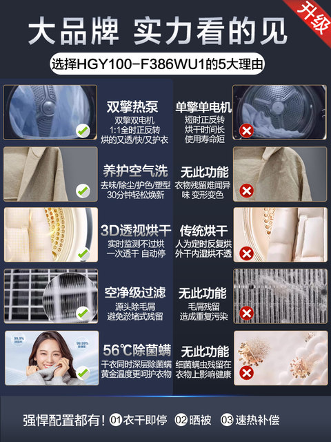 [Haier Yunxi] Slim and Elegant Drying Machine for Home Use, Ultra-Thin 3D Dual-Engine Heat Pump, 10kg Fully Automatic Drum Dryer, White 386