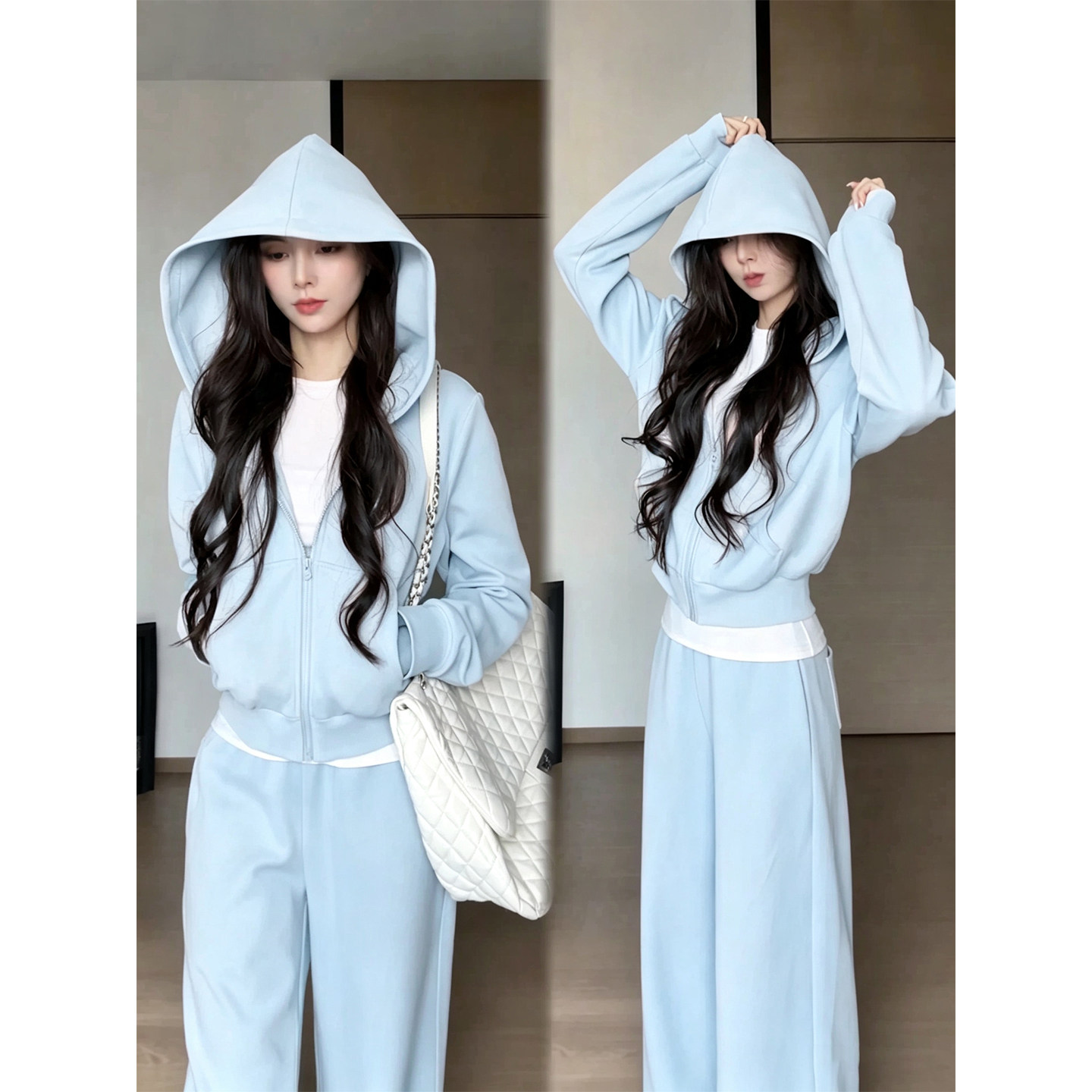 Blue hoodie tracksuit for women, casual and relaxed style, Korean fashion, complete OOTD outfit for early autumn.