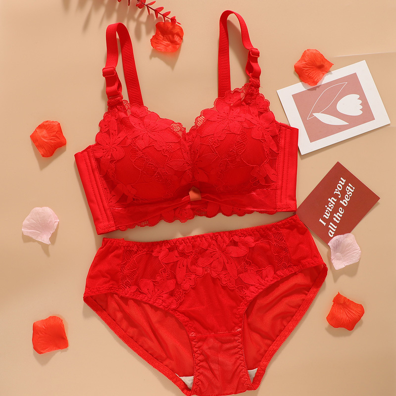 Red Lingerie Set for Women in Their Zodiac Year, Small Bust, Push-Up, Side Support Panties, 2026 Year of the Horse, Bride Wedding Bra