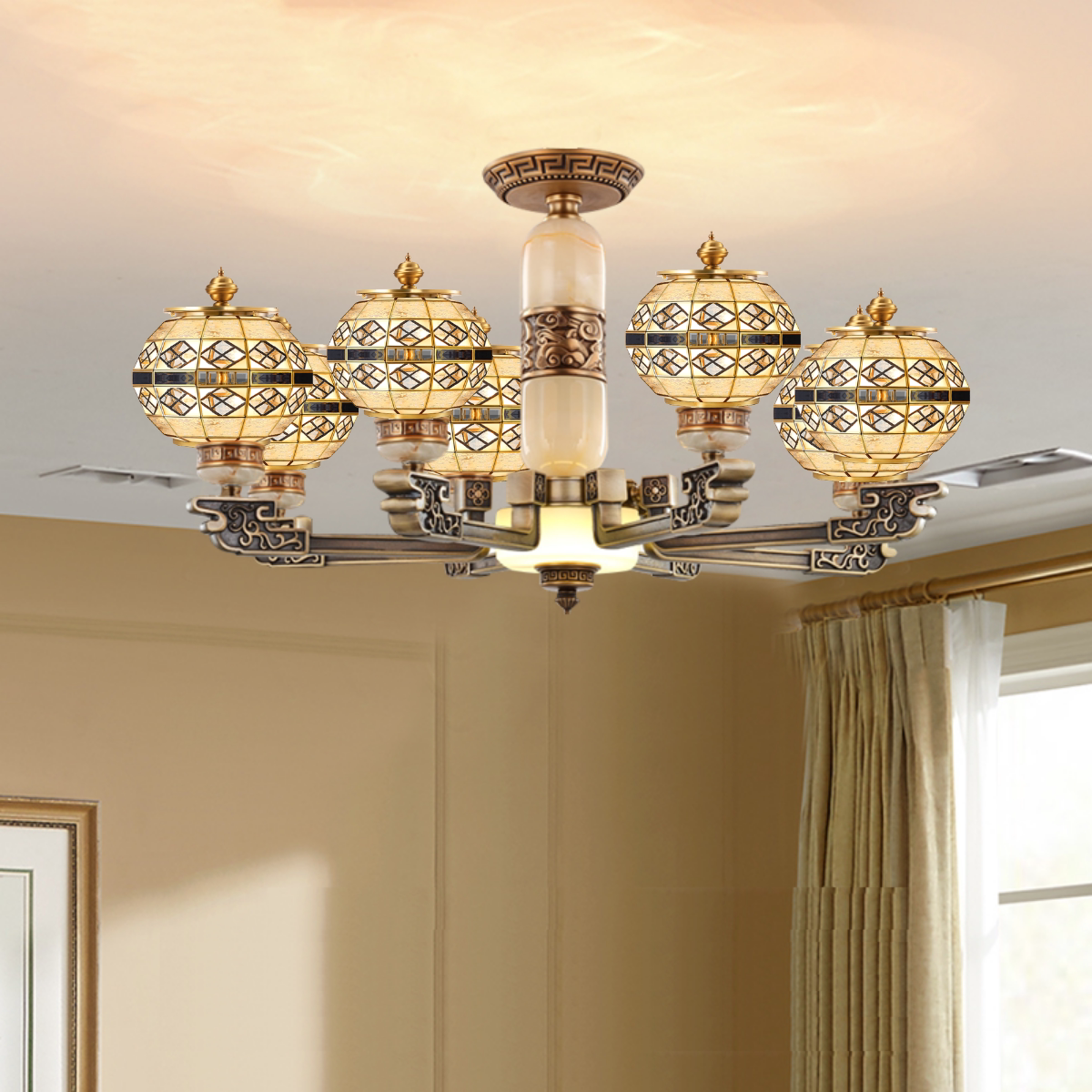 New Chinese chandelier Lightroom Lightroom Restaurant All copper lamps atmospheric household Zen Hotel Building mid-building chandelier