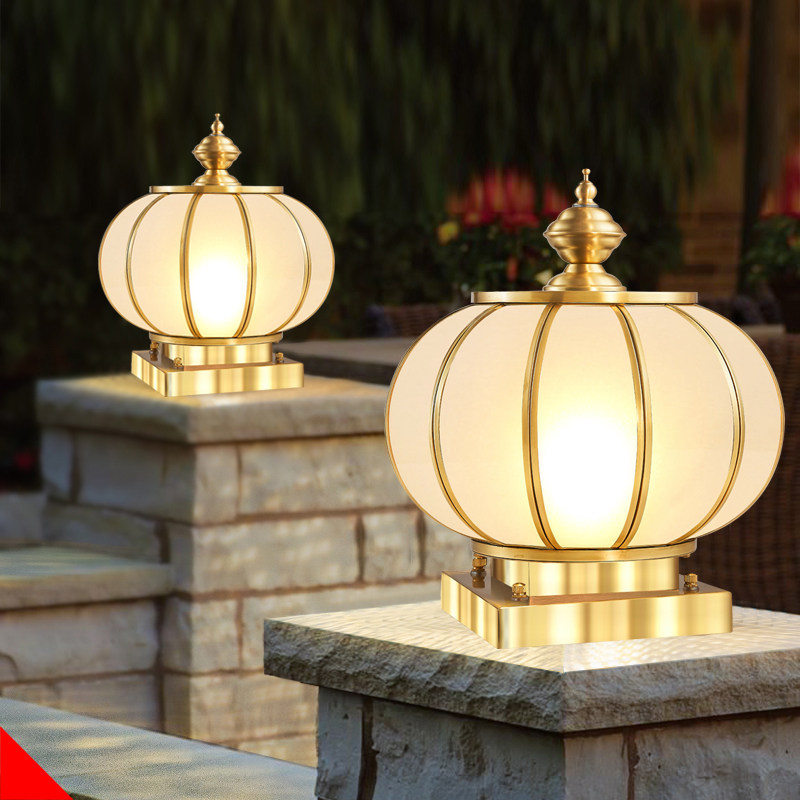 Waterproof column head lamp solar outdoor fence gate post villa electricity model full copper courtyard gate column lamp