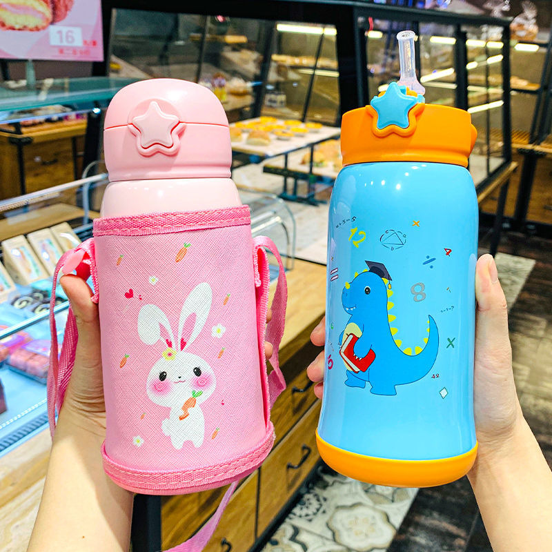 A3304 stainless steel children's thermos cup with straw dual-use cup pot cartoon primary school kindergarten portable