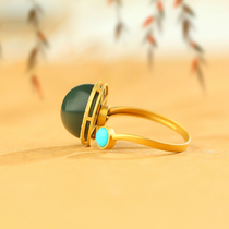 Brother Beard Jewelry Hetian Jade Pagoda Qing special fine material ring 18k inlaid gold inlaid raw ore turquoise rotating female ring
