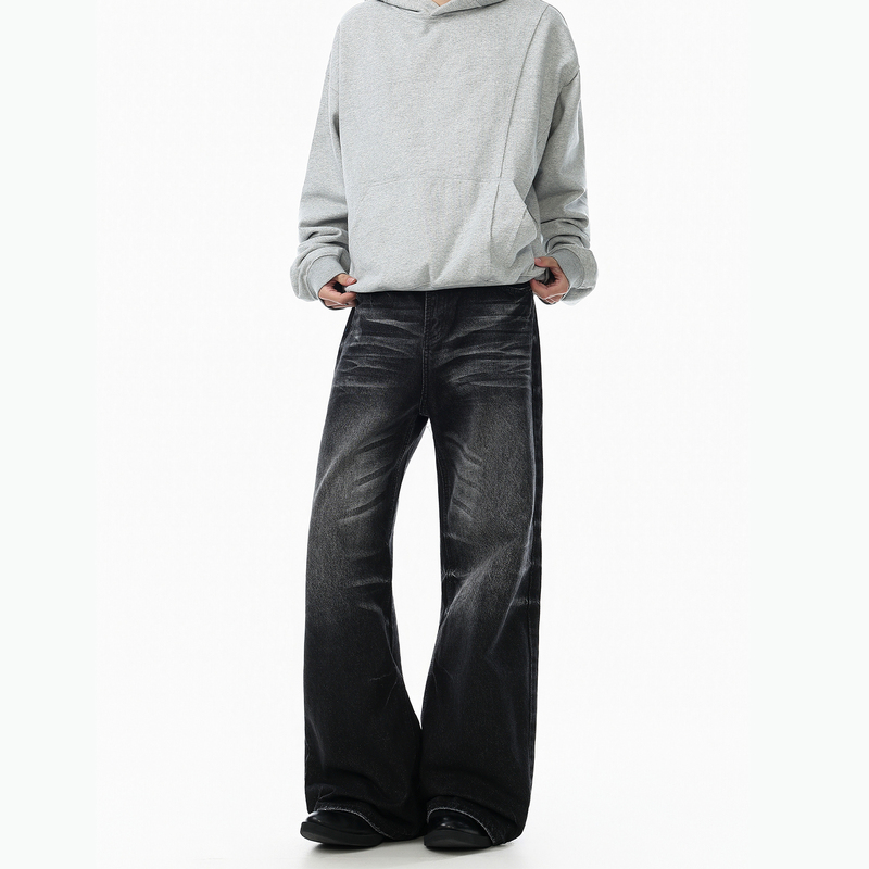 Abcbufut American Retro Washed Whiskered Flared Jeans Unisex Loose Straight Wide-Leg Pants Long Pants