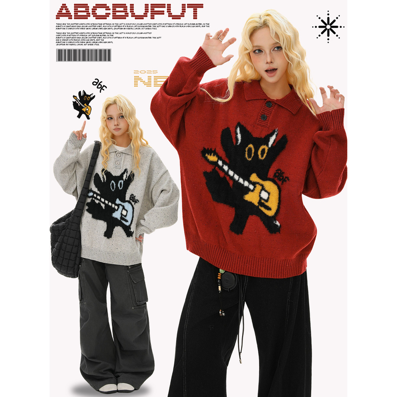 Abcbufut American Retro Cat Jacquard Polo Collar Sweater for Men and Women, Loose and Versatile Casual Knitwear for Autumn