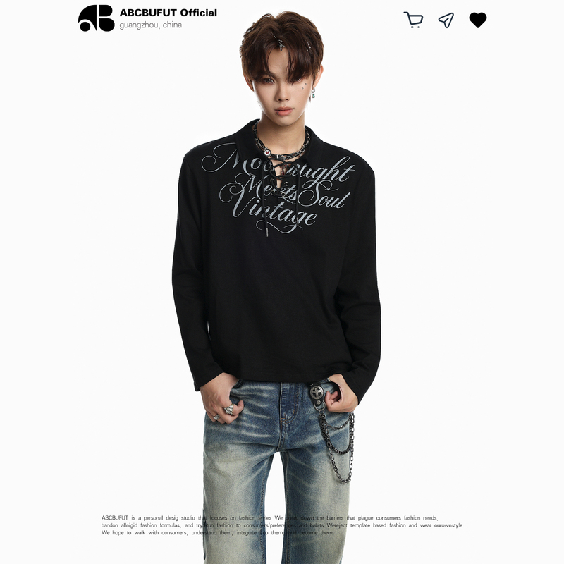Abcbufut American Street Style Floral Letter Print Polo Shirt with Drawstring Design, Niche Casual Long Sleeves Abcbufut American Street Style Floral Letter Print Polo Shirt with Drawstring Design, Niche Casual Long Sleeves