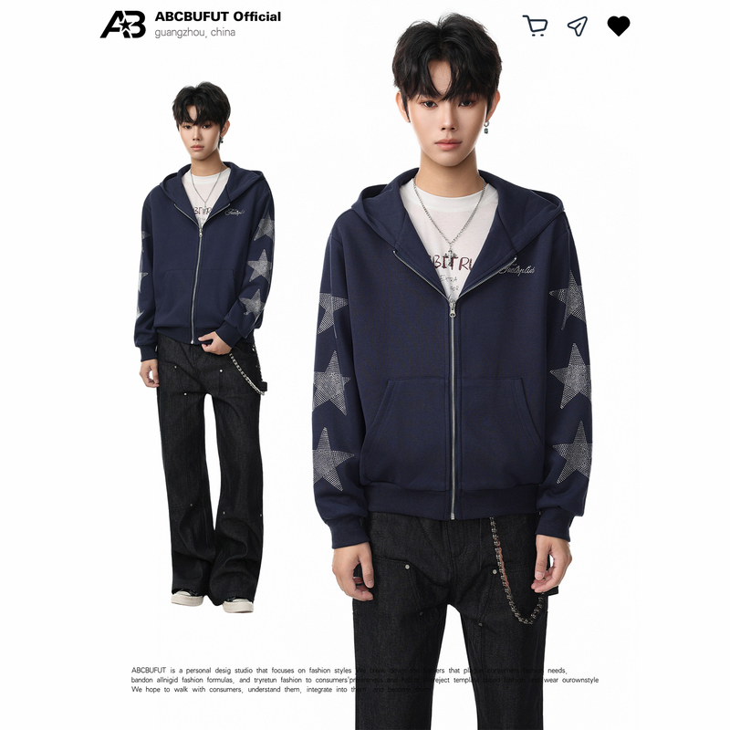 Abcbufut'Star Rhinestones' American Retro Hooded Zipper Sweatshirt Unisex Loose Street Cardigan Jacket Abcbufut'Star Rhinestones' American Retro Hooded Zipper Sweatshirt Unisex Loose Street Cardigan Jacket
