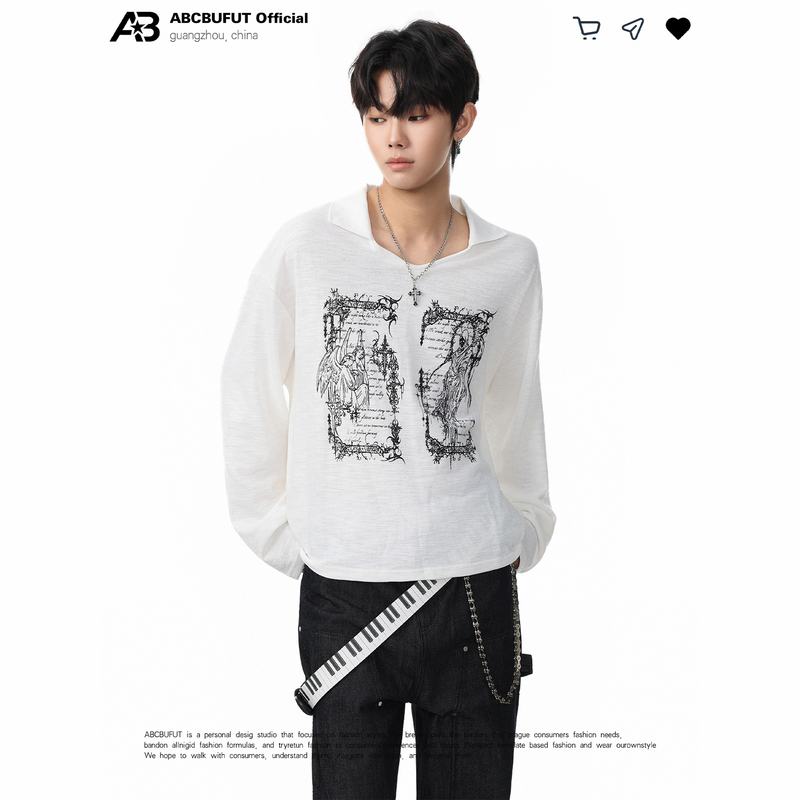 Abcbufut'Window of Contrasts' Grim Reaper Angel Rune Floral Knitted Long Sleeve V-Neck Thin T-Shirt Simple Top