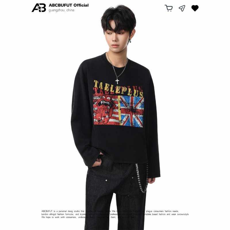 Abcbufut American Street Style Union Jack Flag Rolling Stones Tongue Print Washed Long-Sleeve T-Shirt Unisex Vintage Top Abcbufut American Street Style Union Jack Flag Rolling Stones Tongue Print Washed Long-Sleeve T-Shirt Unisex Vintage Top