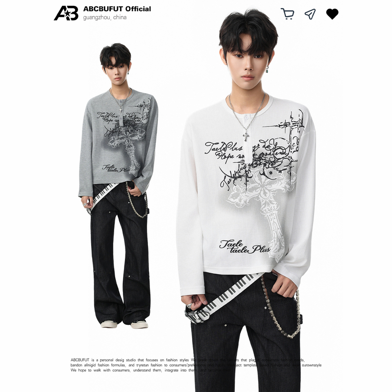 Abcbufut Dark High Street Tie-Dye Cross Slogan Print Henley Collar Waffle Long-Sleeve T-Shirt Vintage Top
