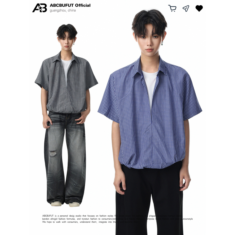 Abcbufut Striped Plaid Three-Dimensional Short-Sleeved Shirt for Men and Women, Loose Drawstring Ruched Simple Cleanfit Shirt Abcbufut Striped Plaid Three-Dimensional Short-Sleeved Shirt for Men and Women, Loose Drawstring Ruched Simple Cleanfit Shirt
