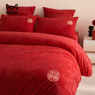 Catman Milk Velvet Four-Piece Bedding Set, Bright Red Chinese-Style High-End Embroidered Bed Sheet and Duvet Cover, Winter Wedding Bedding