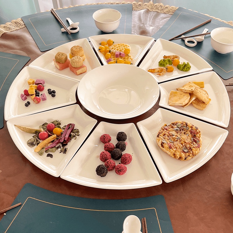 2026 New Model Bone China Fan-Shaped Platter Set Pure White Household Reunion Platter Tableware Combination New Year Set Plates and Bowls