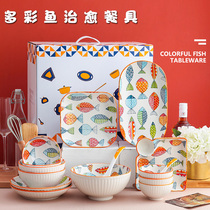 Bowl household one-person bowl and plate set Japanese-style cartoon bowl and plate combination underglaze color bowl and chopsticks ceramic tableware ins bowl