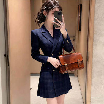 2026 Spring Vintage Plaid Dress for Women, Professional Commuting Style, Slim Fit, Elegant and High-End Suit Dress