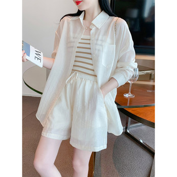 Fashionable and Sweet Loose-Fitting Air-Conditioning Sun Protection Shirt Top and Shorts Two-Piece Set for Women, Summer Thin and Stylish Casual Suit