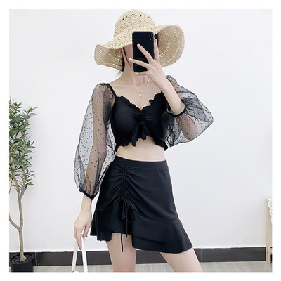 游泳衣女长袖新款遮肚显瘦分体裙式仙女范保守泡温泉服小清新泳装