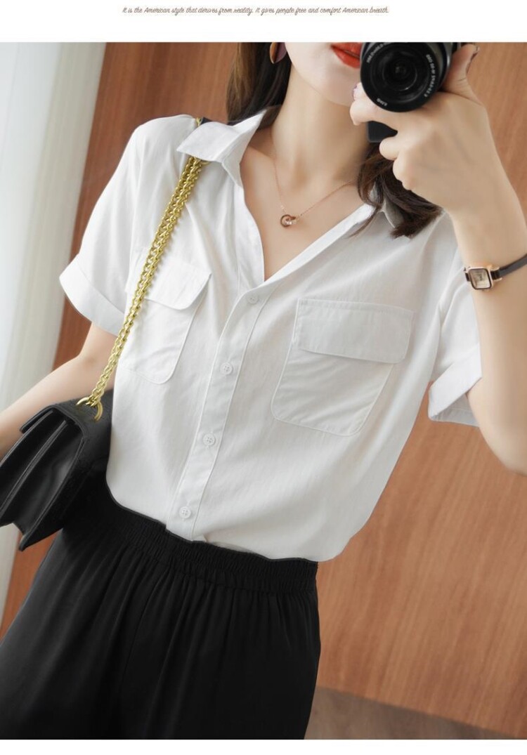 карманный платок 棉短袖衬衫女夏季新款韩版气质polo领宽松百搭v领白衬衣上口袋巾