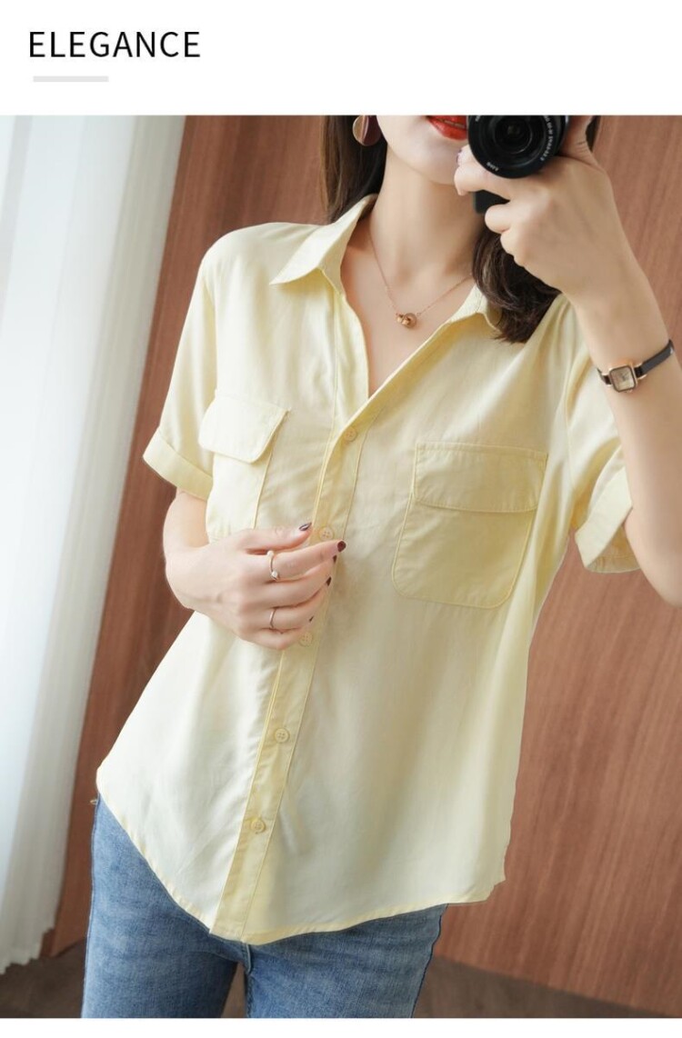 карманный платок 棉短袖衬衫女夏季新款韩版气质polo领宽松百搭v领白衬衣上口袋巾