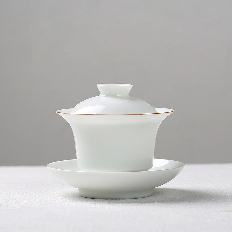 DECLEOR white porcelain cover bowl Jingdezhen not bronzed with thin tire Yongle sweet white Kung Fu jade porcelain tea bowl tea cup suit